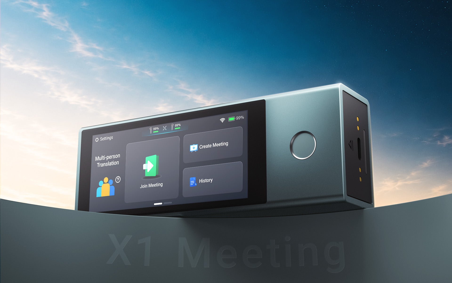 하늘을 배경으로 놓인 X1 Meeting 회의용 AI 통역 허브와 다인원 통역 메뉴가 뜬 터치스크린