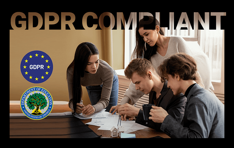 GDPR 준수를 표시한 이미지와 함께 회의하는 사람들